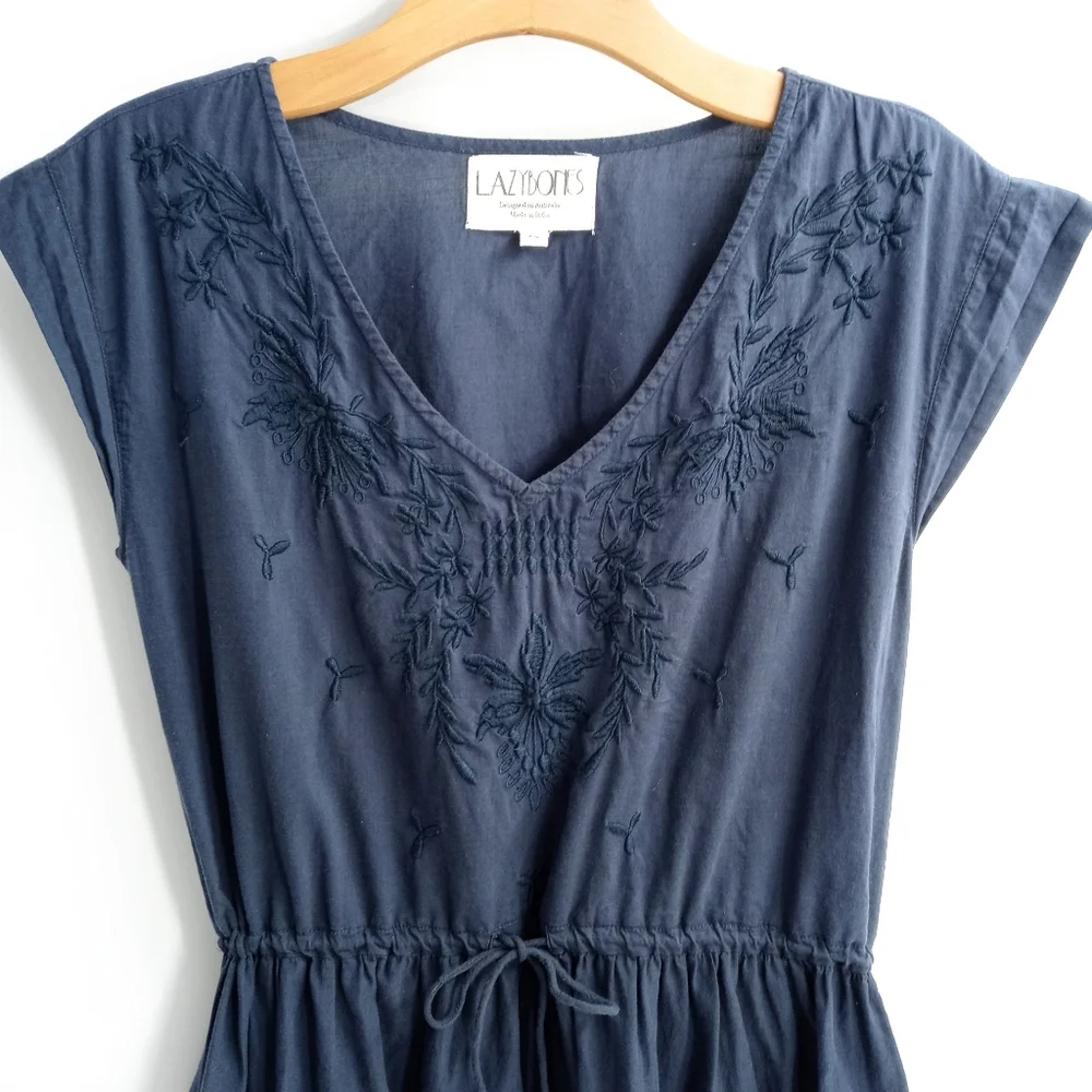 Lazy Bones Navy Cotton Embroidered Cap Sleeve‎ Dress - Picture 3 of 9